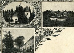 dobová pohlednice vsi s kostelem (vpravo nahoře)
