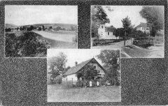 dobová pohlednice vsi s původní kaplí (na pravém horním snímku)