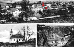historické foto kaple (označena šipkou)