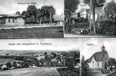dobová pohlednice vsi s kaplí (na pravém dolním snímku)