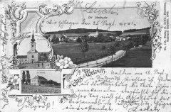 dobová pohlednice vsi s kostelem