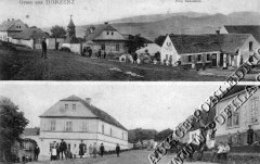 dobová pohlednice vsi s kaplí (na horním snímku vlevo)