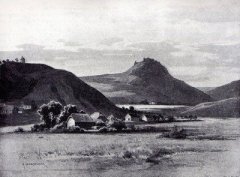 kresba Hladového vrchu s kaplí (vlevo)