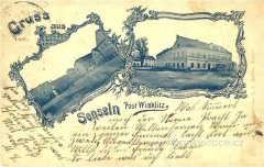 dobová pohlednice vsi s kaplí (kaple vlevo) 