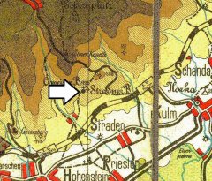 mapa s umístěním kapličky (označeno šipkou)