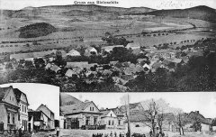 historická pohlednice obce s kaplí (na pravém dolním snímku)