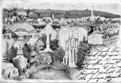 dobová pohlednice zámeckého areálu s kaplí (vpravo uprostřed)