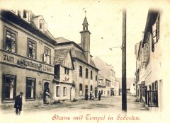 dobová pohlednice vsi se synagogou