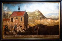 obraz Vražda jeptišek v Mostě (1421) s námětem povraždění magdalenitek za husitských válek