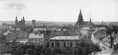 dobová pohlednice města se synagogou (v popředí)