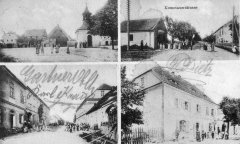 dobová pohlednice vsi s kaplí (vlevo nahoře)