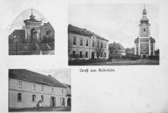 dobová pohlednice vsi s kostelem