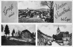 dobová pohlednice vsi s kaplí (vlevo dole)