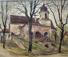 obraz s námětem kostela a kapličky křížové cesty