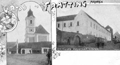 dobová pohlednice městyse s kostelem (věž na pravém snímku, vzadu v řadě domů)