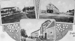 dobová pohlednice městyse s kostelem (věž na horním levém a spodním snímku)