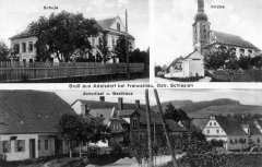 dobová pohlednice vsi s kaplí u kostela (vpravo nahoře)