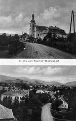 dobová pohlednice vsi s kaplí u kostela