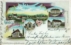 dobová pohlednice vsi s kaplí (uprostřed)