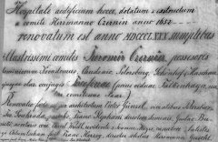 kopie plátěného svitku z kopule kaple o renovaci v roce 1880