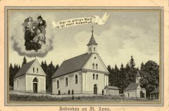 dobová pohlednice s motivem poutního areálu (kaple sv. Marty vpravo od velké kaple sv. Anny)