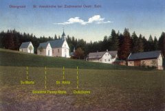 dobová pohlednice s motivem poutního areálu (kaple sv. Marty vpravo od velké kaple sv. Anny, popisy kaple sv. Marty a Dušičkové kaple jsou přehozeny)