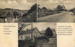 dobová pohlednice vsi s původní kaplí (na pravém horním snímku)