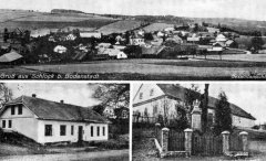 dobová pohlednice vsi s kostelem