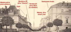 dobová pohlednice města s kaplí a s popisy