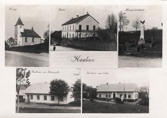 dobová pohlednice vsi s kostelem (vlevo nahoře)