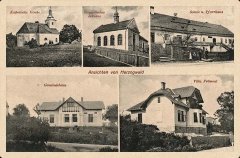 dobová pohlednice vsi s modlitebnou (nahoře uprostřed)