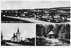 dobová pohlednice vsi s besídkou nad pramenem (vpravo dole)
