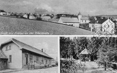 dobová pohlednice vsi s besídkou nad pramenem (vpravo dole)