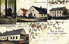 dobová pohlednice vsi s původní zděnou kaplí nad pramenem (vlevo nahoře)