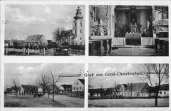 dobová pohlednice vsi s kostelem