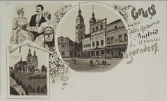 historická pohlednice s kresbou střechy kostela (vlevo od věže)