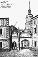 kresba části kostela (u šipky) za vstupní bránou na bývalý hřbitov kolem chrámu sv. Martina, (autor Johan H. Kinzel)