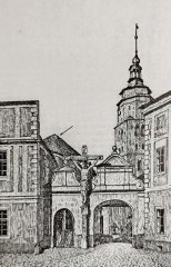 kresba kostela (za vstupní bránou na bývalý hřbitov kolem chrámu sv. Martina,  u šipky), autor Johan H. Kinzel