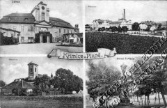 dobová pohlednice vsi s kaplí (při pravém okraji pravého horního snímku)