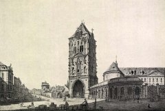 kresba kostela (vpravo od Prašné brány)
