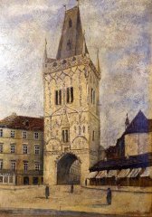 malba kostela (vpravo od Prašné brány), autor Adolf Kohn