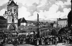 kresba kostela (vpravo od Prašné brány) - slavnostní průvod okolo Prašné brány na staveniště Národního divadla ke kladení základního kamene)