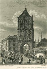 kresba kostela (vpravo od Prašné brány)