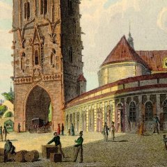 kresba kostela - Vincenc Morstadt (vpravo od Prašné brány) - detail
