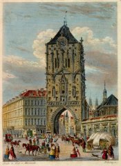 kresba kostela - Vincenc Morstadt (vpravo od Prašné brány)