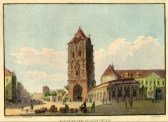 kresba kostela - Vincenc Morstadt (vpravo od Prašné brány)