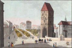 kresba kostela (vpravo od Prašné brány)