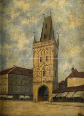 malba kostela (vpravo od Prašné brány), autor Adolf Kohn