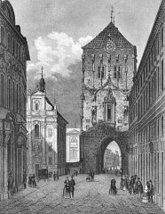 kresba kostela (vlevo od Prašné brány)