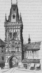 kresba kostela (vpravo od Prašné brány)